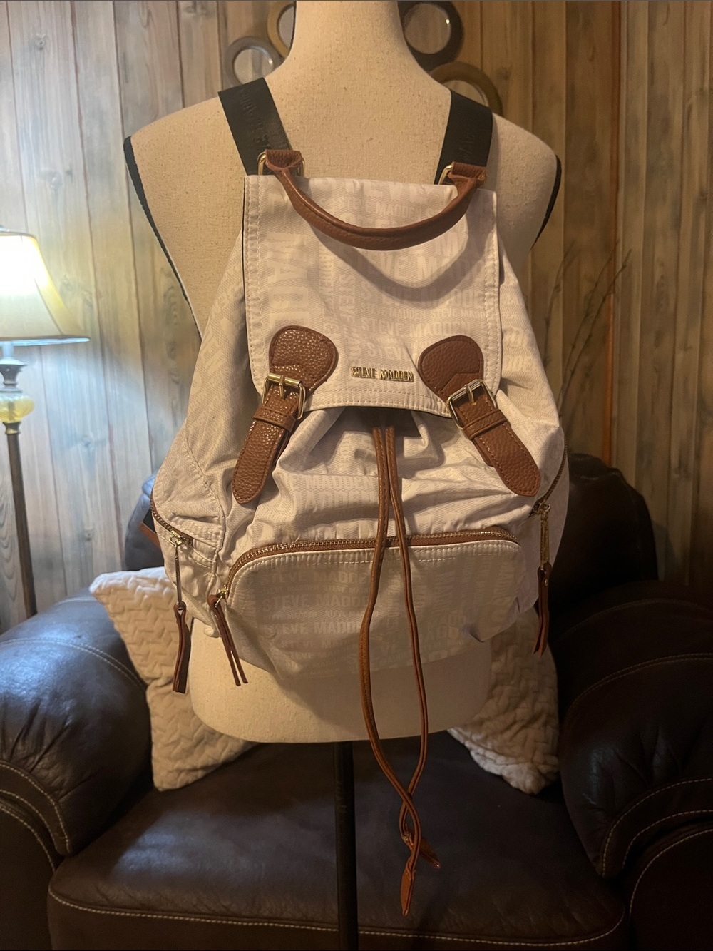 Steve Madden Solly White Canvas Backpack/Purse Brown Faux Vegan Leather Trim - Picture 2 of 8